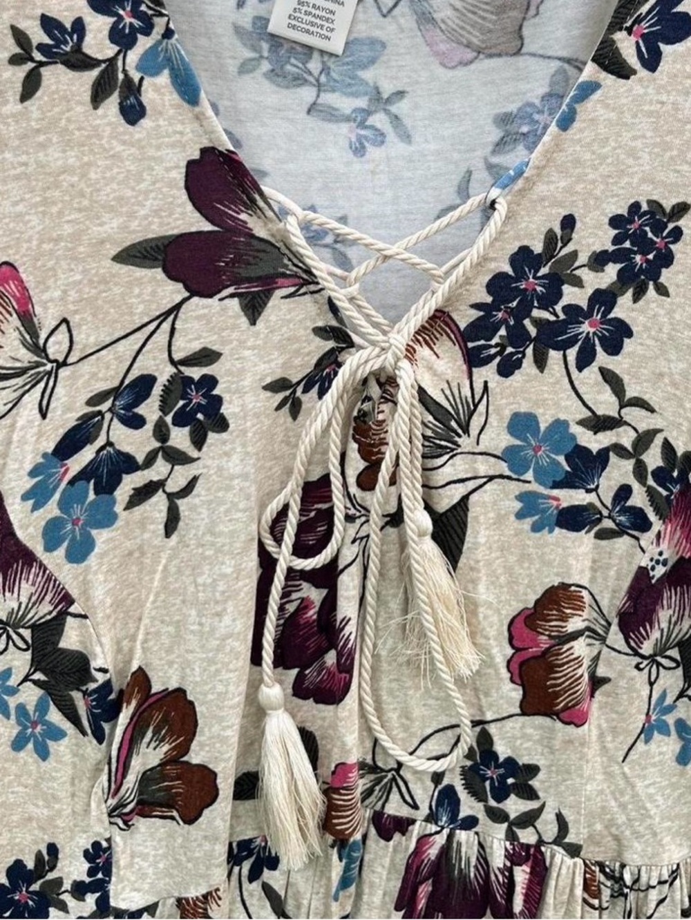 Terra & Sky Cream Floral Tie-Front Peasant Tunic - Picture 5 of 7